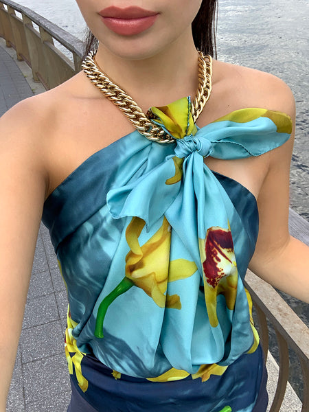Yellow orchids, Italian made silk scarf. Perfect gift for her. Can be worn as a silk top, Italian head wrap, head scarf, or necktie. Great accessory for the power , business suite. Lightweight, silk twill